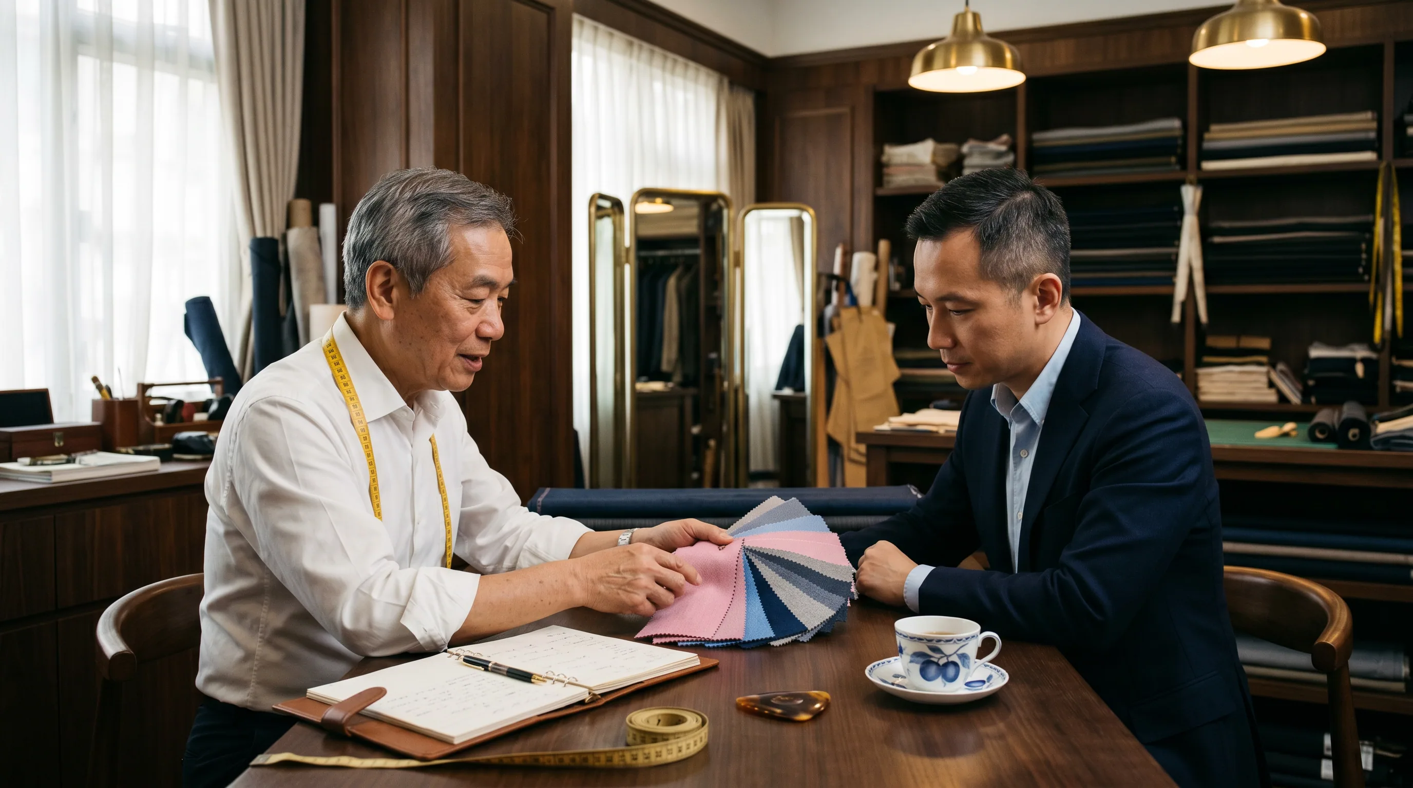 Master tailor consulting with client